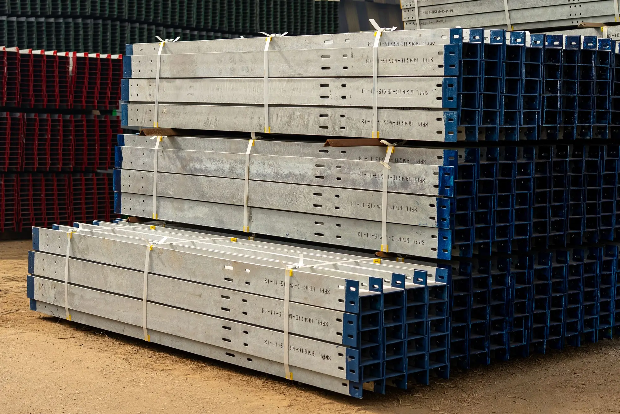 Bundled structural steel sections stacked in a stockyard